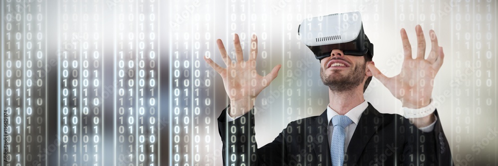 Composite image of businessman with vr glasses gesturing against