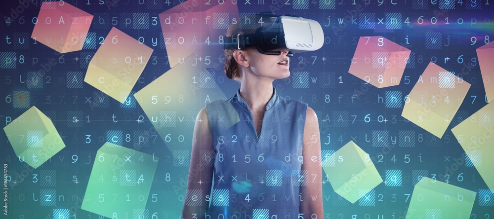 Composite image of young businesswoman wearing virtual reality