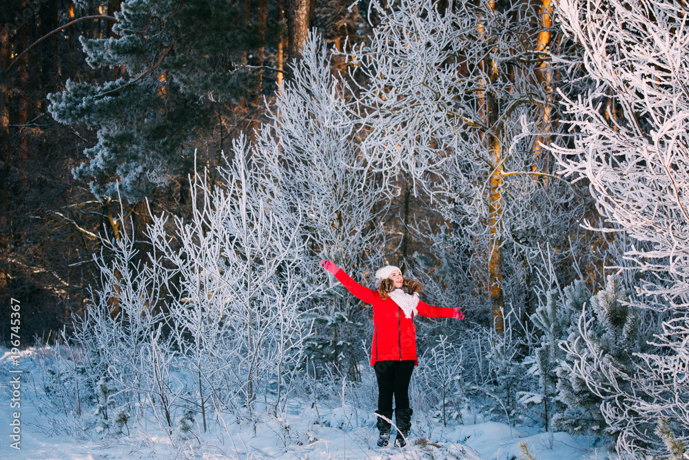 Young Beautiful Pretty Caucasian Girl Woman Dressed In Red Jacket