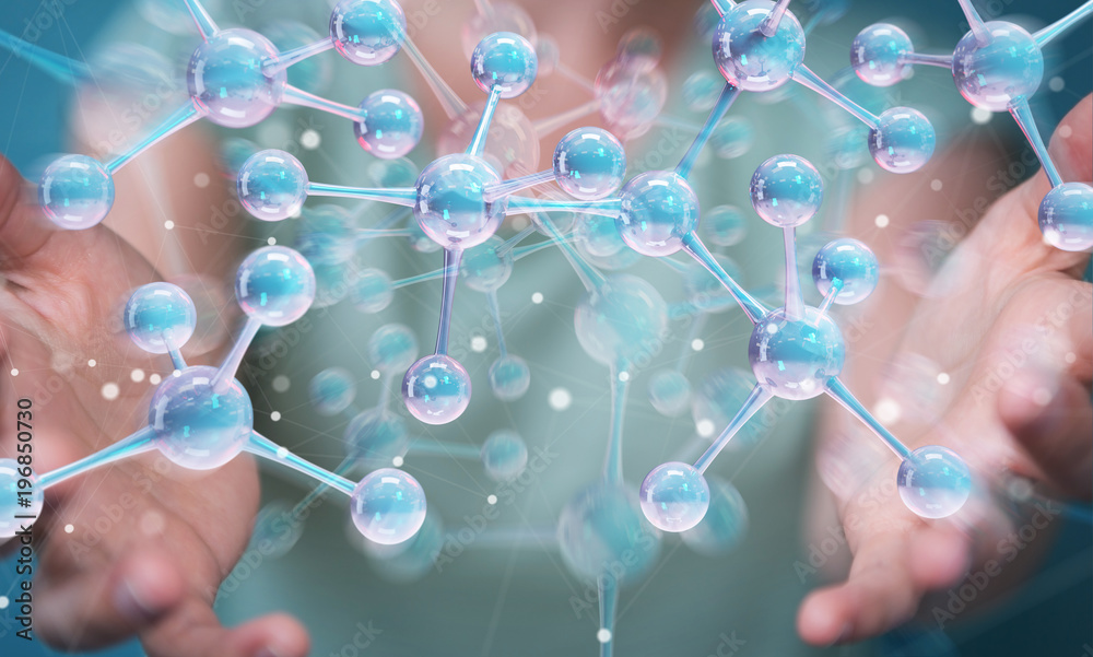 Businesswoman using modern molecule structure 3D rendering