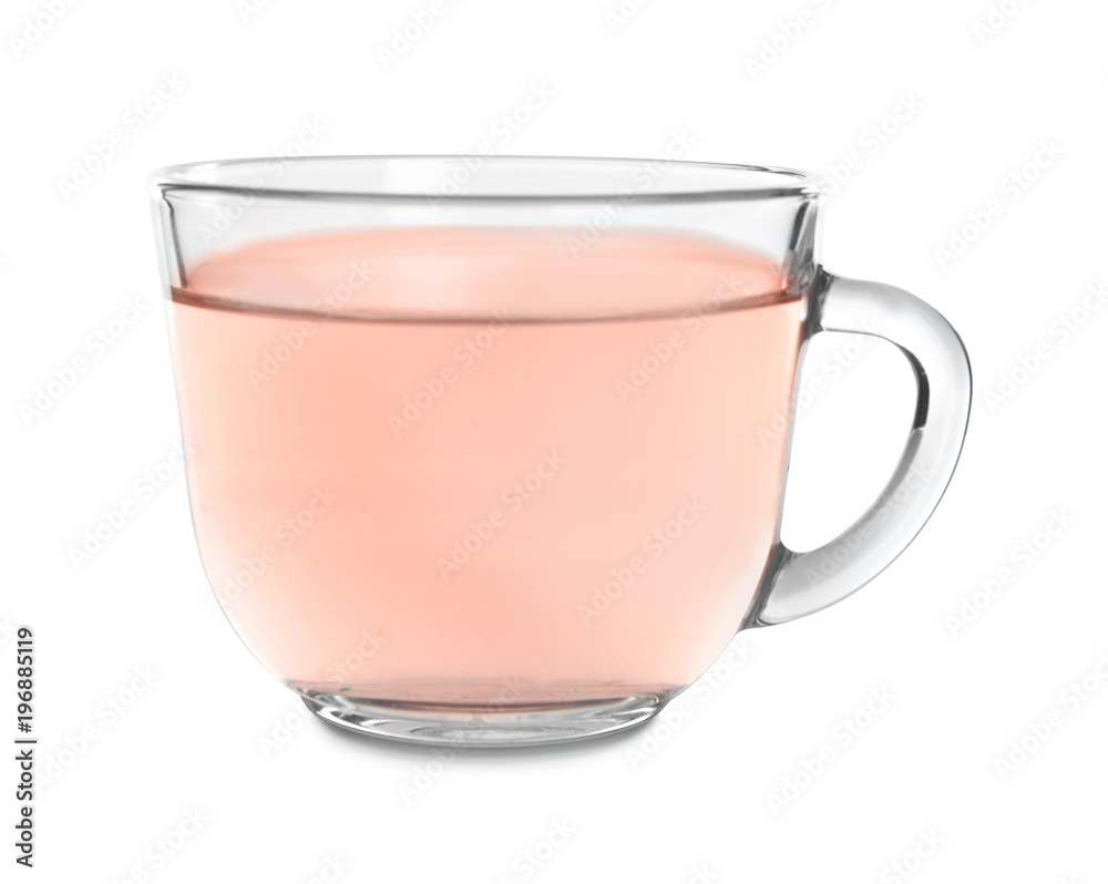 Glass cup of hot tea on white background