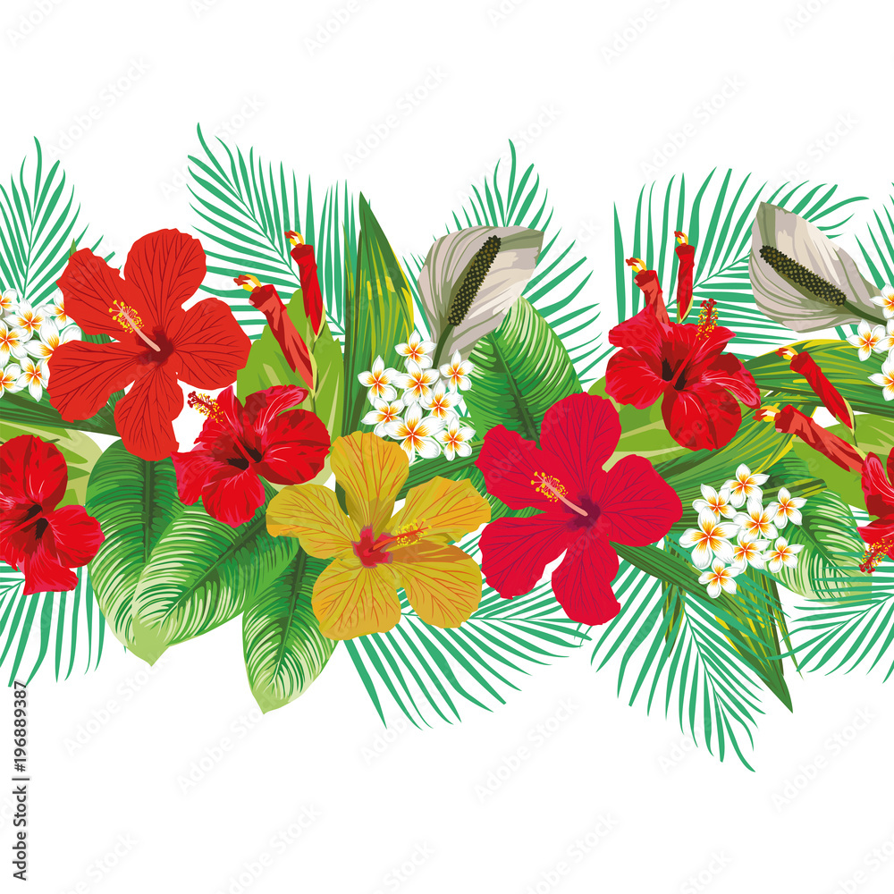 Flowers leaves decorative strip white background