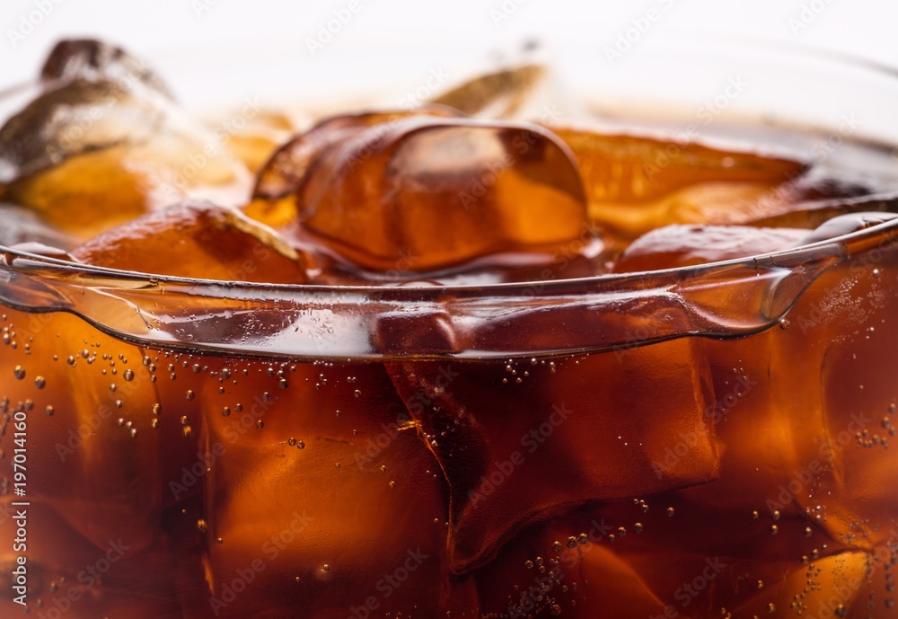 Cola With Ice Cubes In Glass Close-up