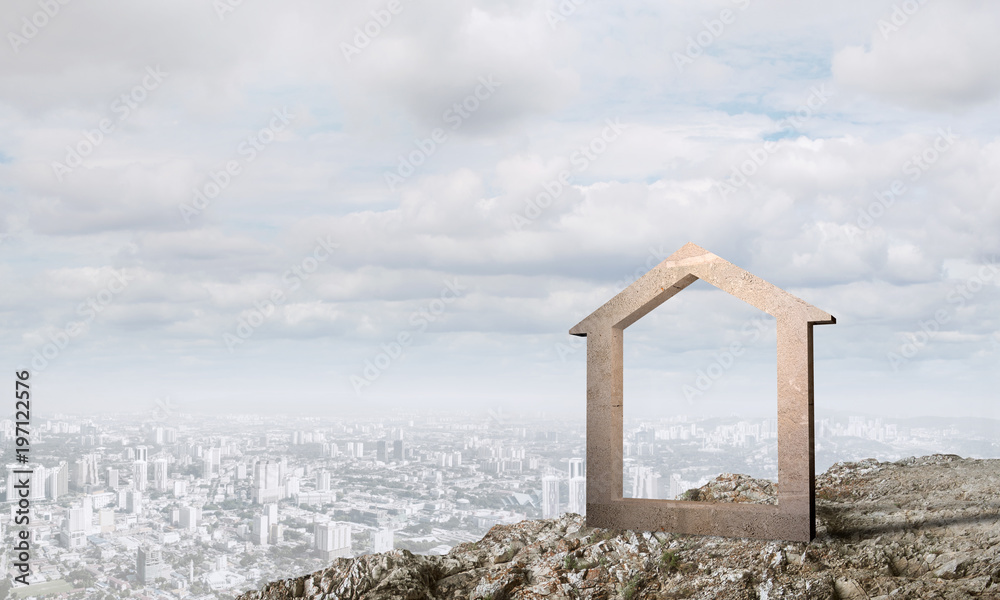 Conceptual image of concrete home sign on hill and natural landscape at background