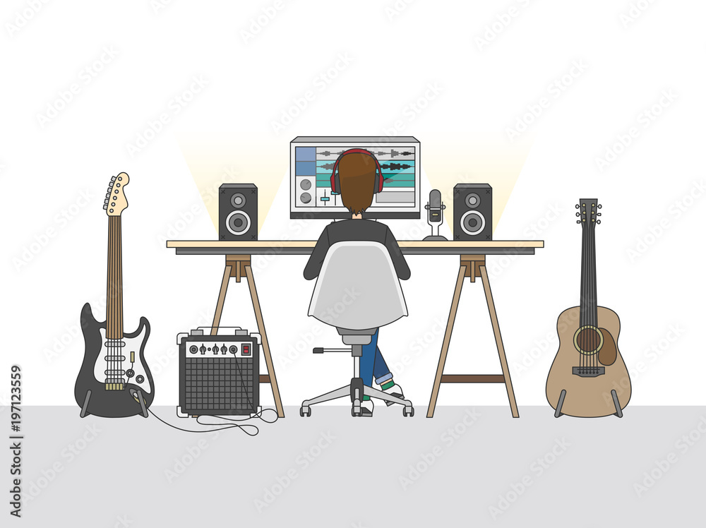 Illustration of man recording music on computer in studio