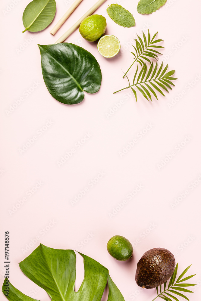 Tropical fruits and leaves