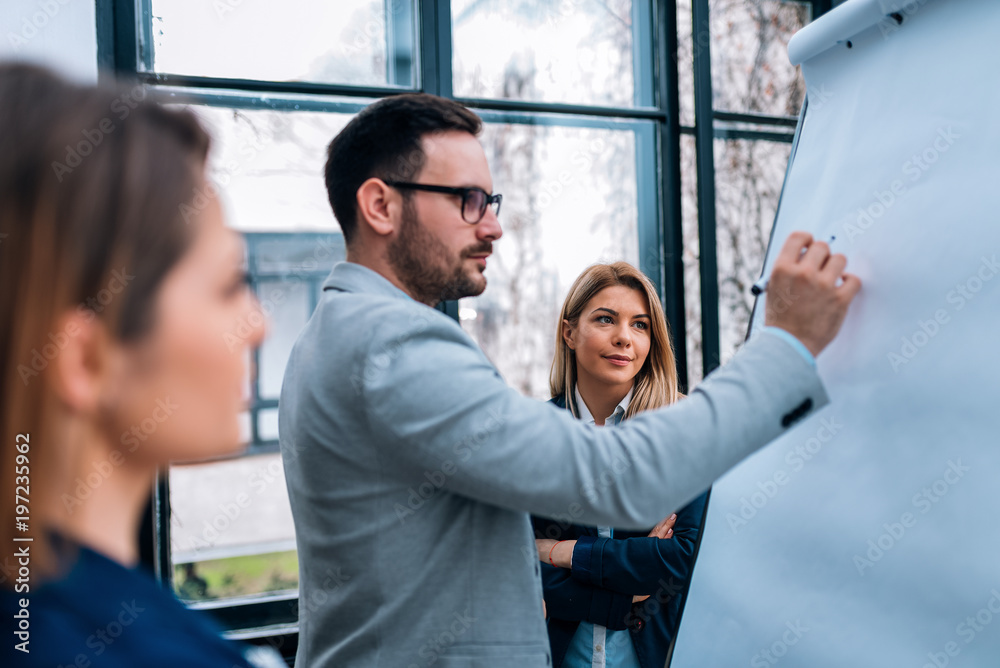 Group of business people discussing project on whiteboard in office