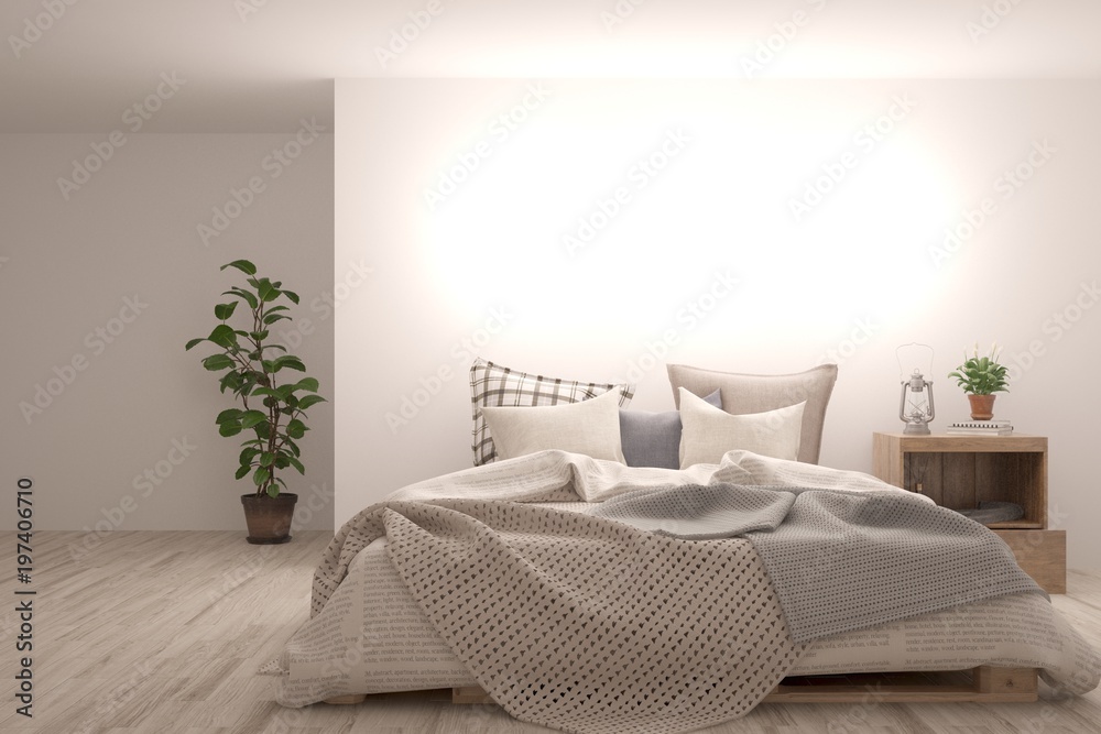 Idea of white minimalist bedroom. Scandinavian interior design. 3D illustration