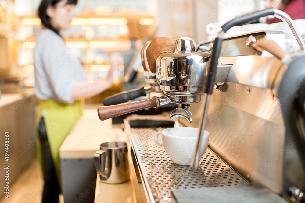 Close-up view on the professional coffee machine in the cafe