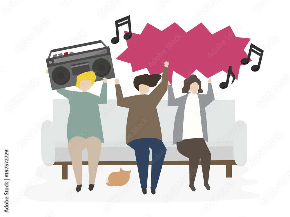 Group of illustrated friends listening to music