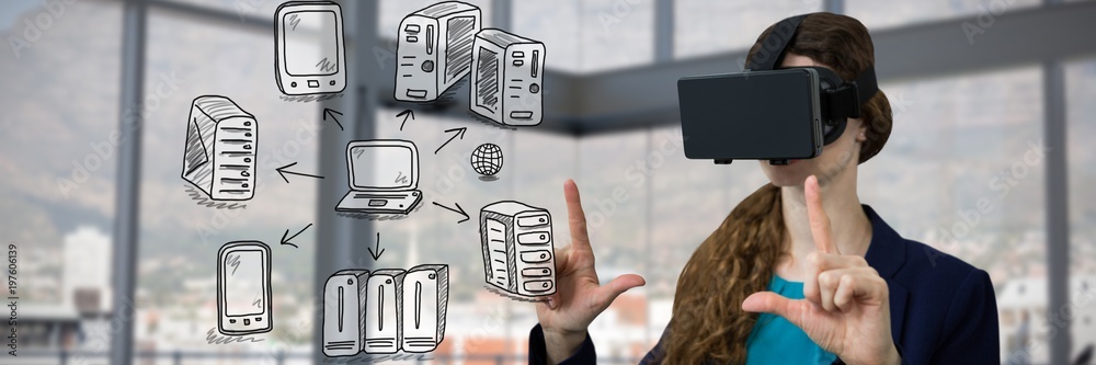 Composite image of young woman using virtual reality simulator