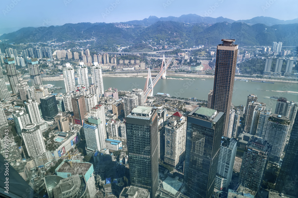 A birds eye view of the urban architectural landscape and skyline in Chongqing