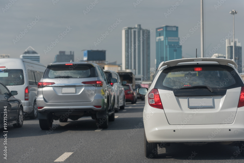 traffic jam with row of cars on toll way