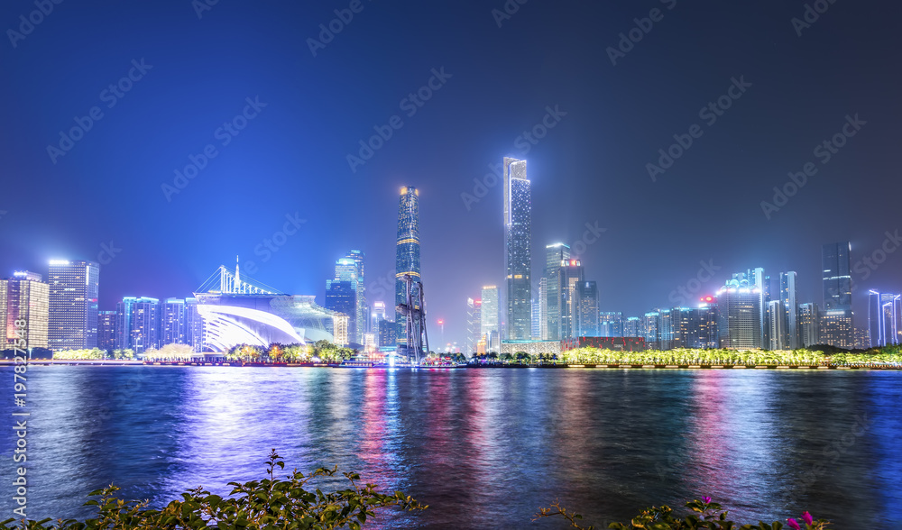 The beautiful city night scene and the skyline of the architectural landscape in Guangzhou