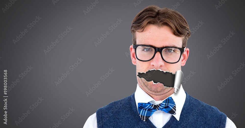 Man with torn paper on mouth