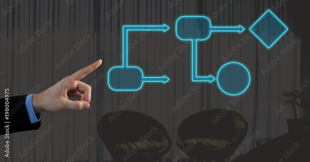 Hand pointing at wireframe with dark background