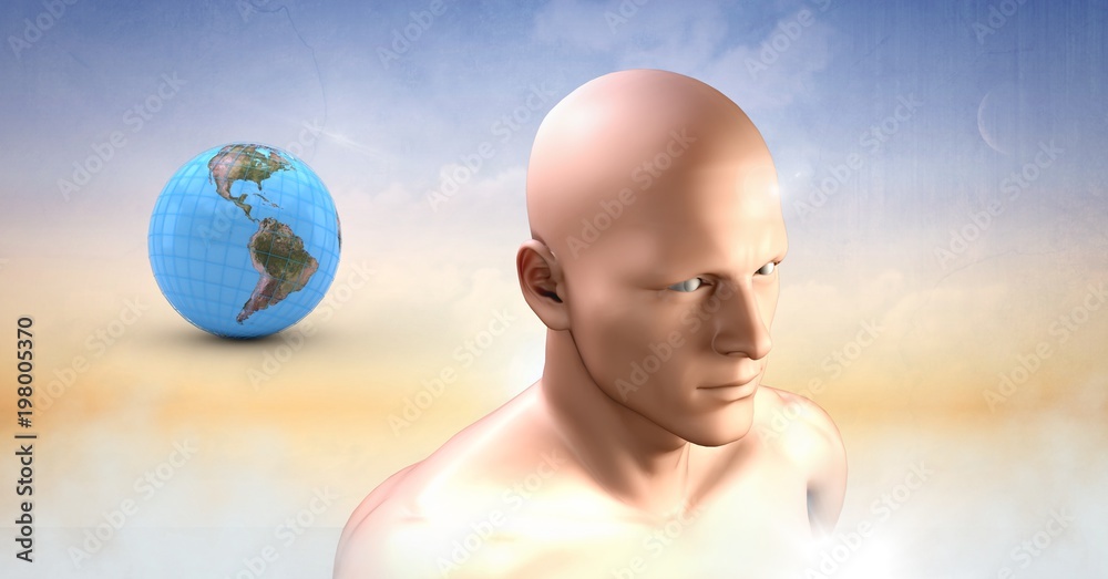 mans head and planet earth world sphere in clouds