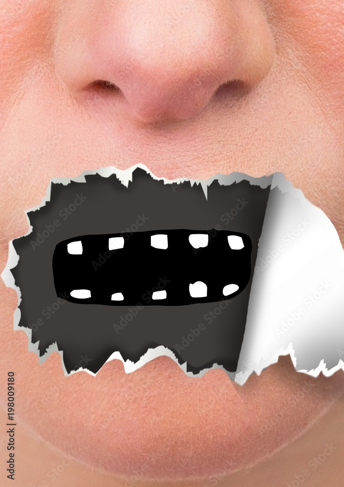 Face with torn paper on mouth and cartoon mouth