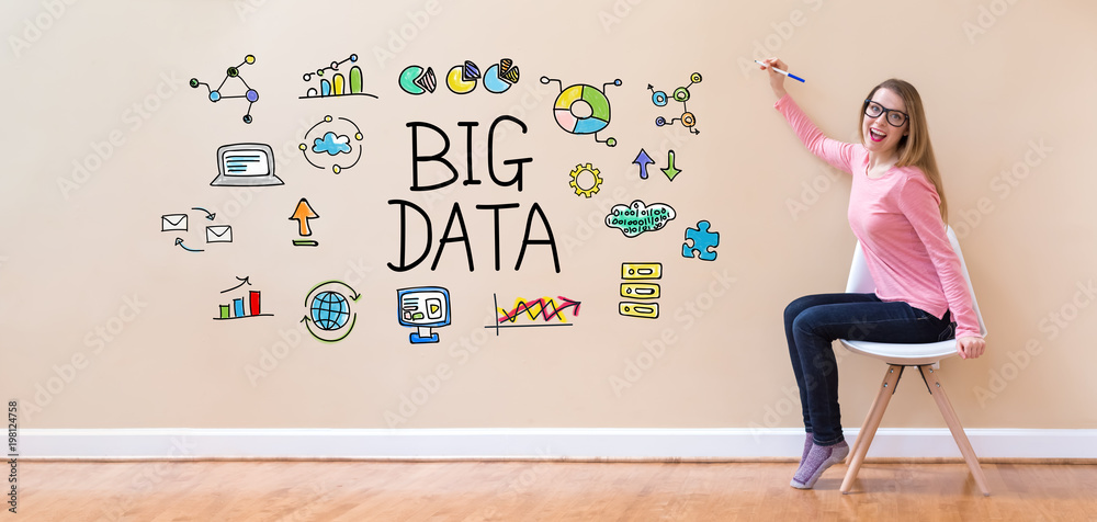 Big Data with young woman holding a pen in a chair