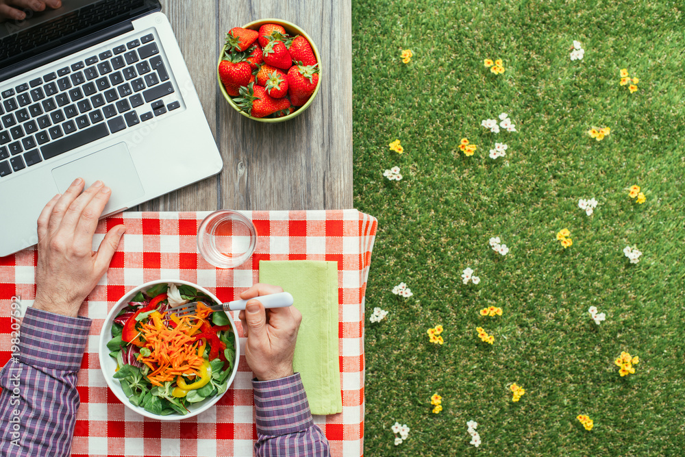 Picnic setting with laptop