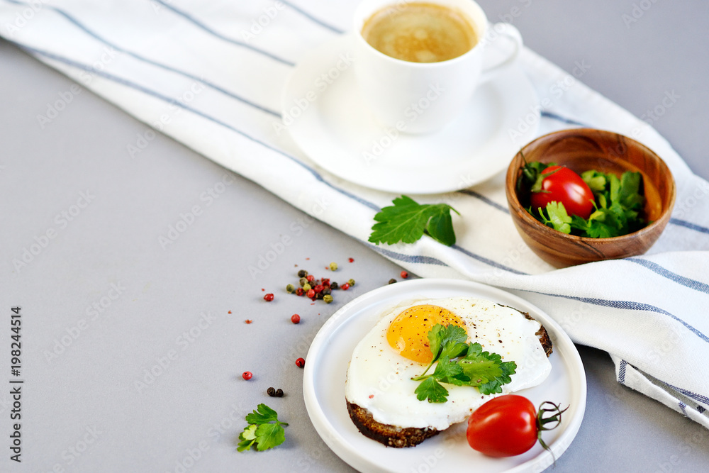 Morning Coffee White Cup Beverage Orange Juice Sandwich with Tasty Fried Egg Served on a Wooden Tray