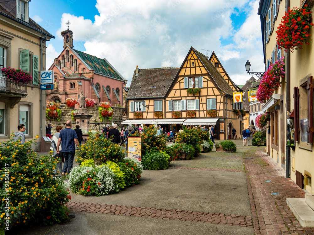 Beautiful view of the historic town square of Eguisheim, a popular tourist destination along the fam