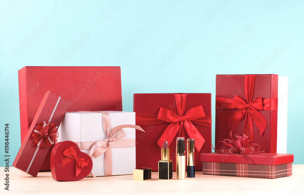 Gift box with red ribbon  for Valentines Day.