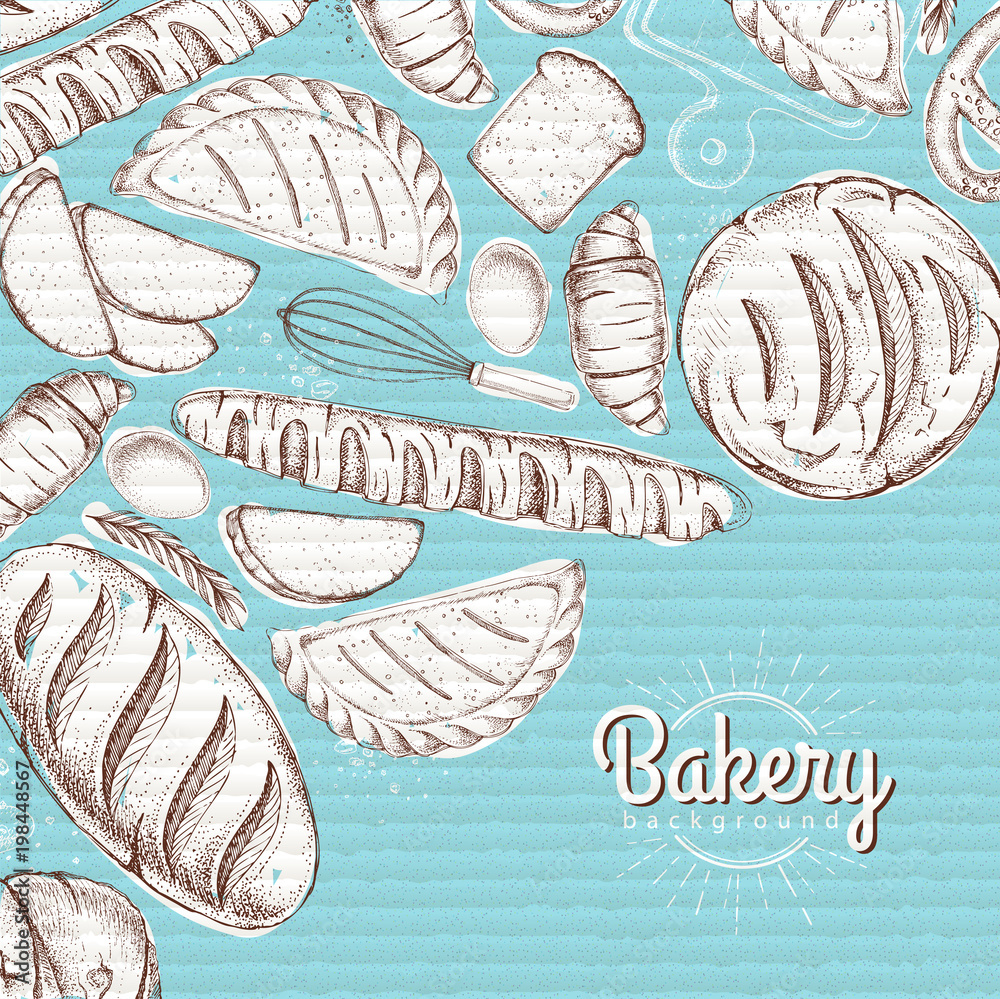 Bakery background. Top view of bakery products on cardboard background