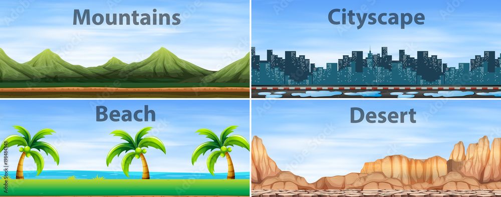 Four background scenes of different places