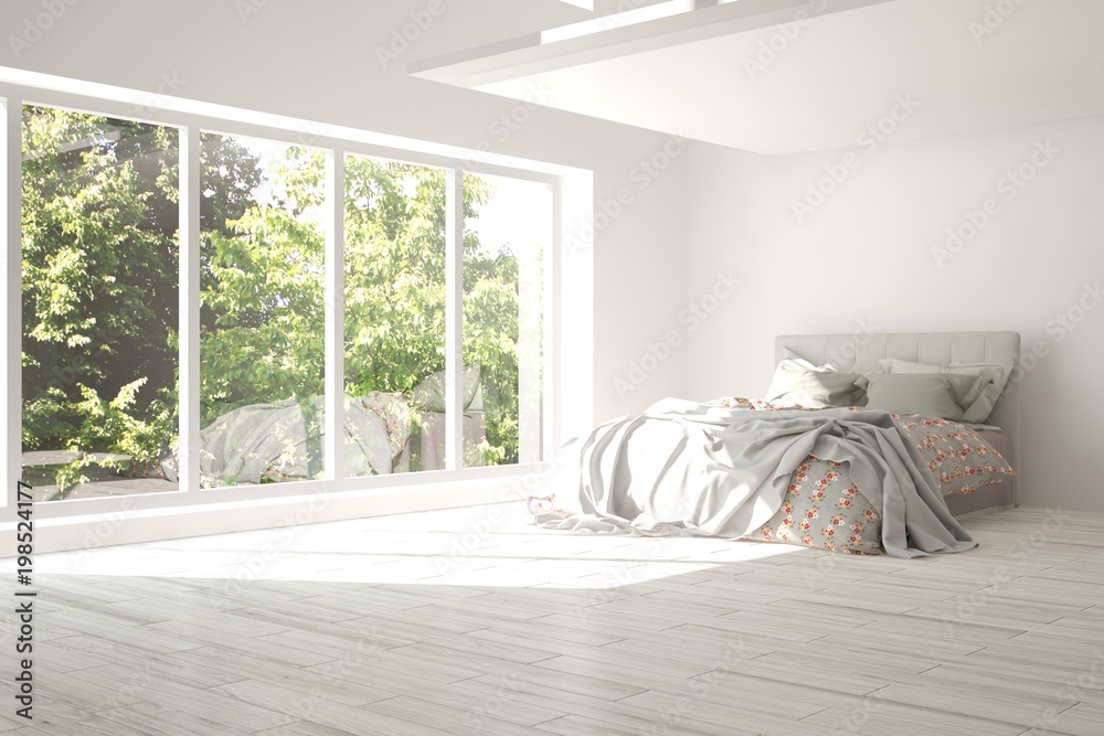 Inspiration of white minimalist  bedroom with summer landscape in window. Scandinavian interior desi