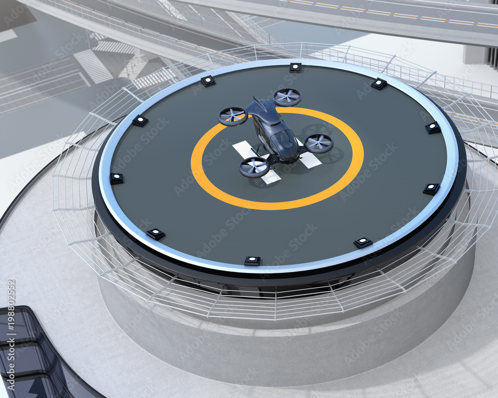 Black self-driving passenger drone parking on the helipad. 3D rendering image.