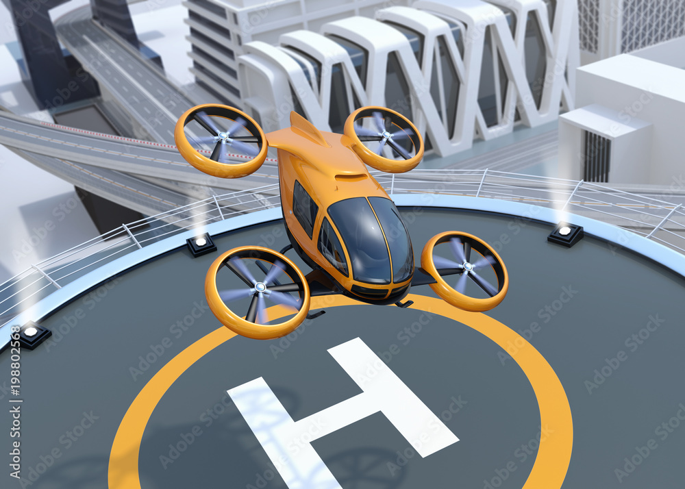 Orange self-driving passenger drone takeoff and landing on the helipad. 3D rendering image.