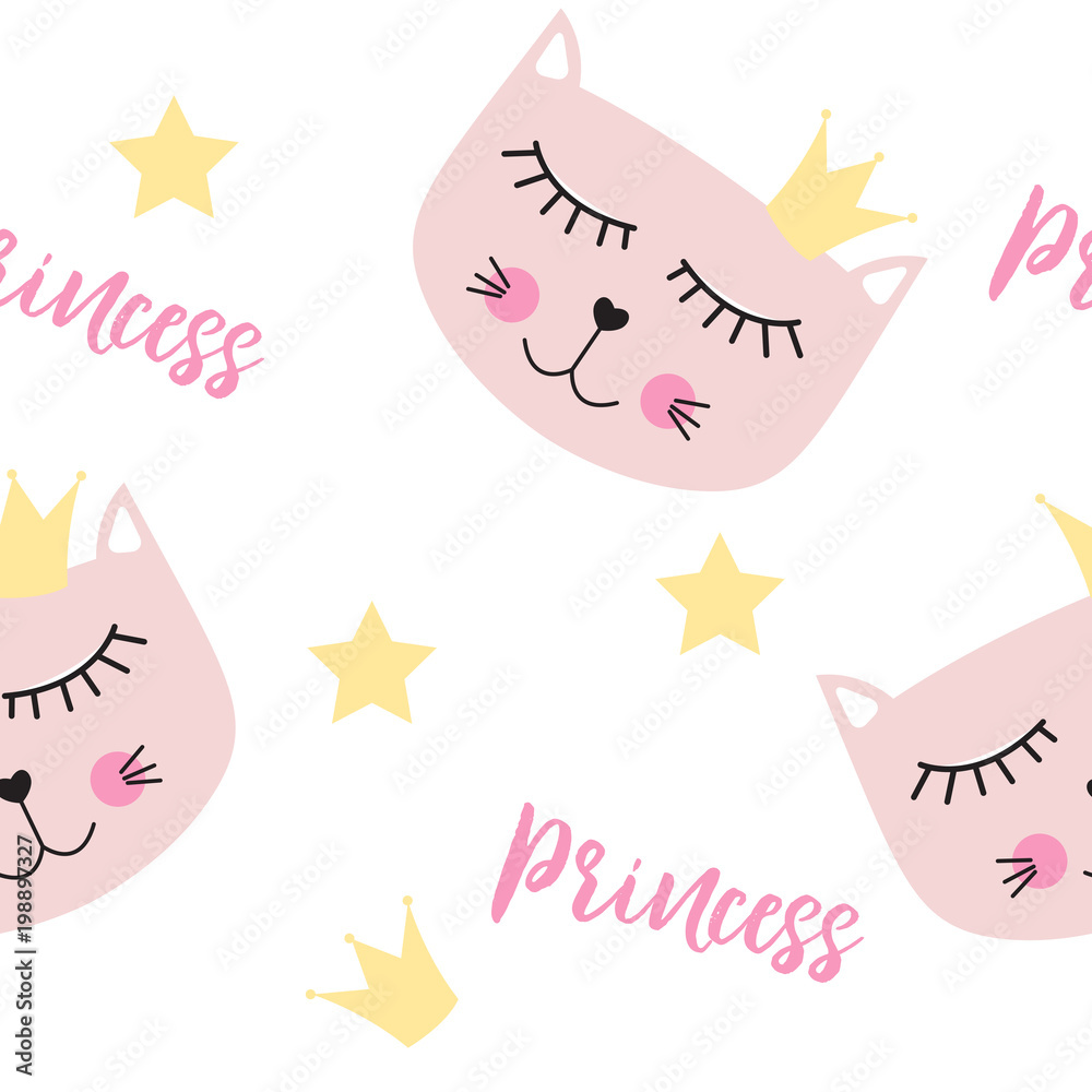 Little Cute Cat Princess Seamless Pattern Background Vector Illustration