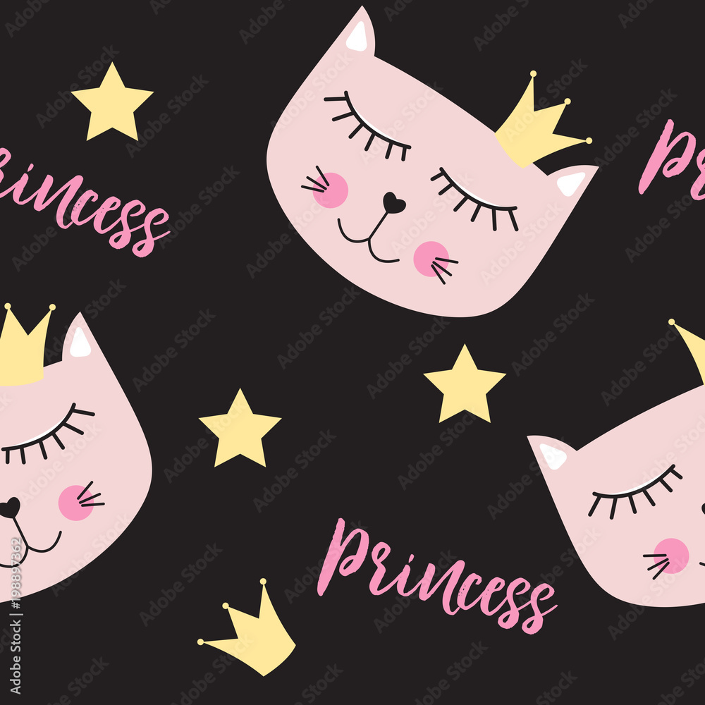 Little Cute Cat Princess Seamless Pattern Background Vector Illustration