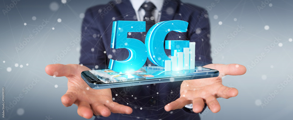 Businessman using 5G network with mobile phone 3D rendering