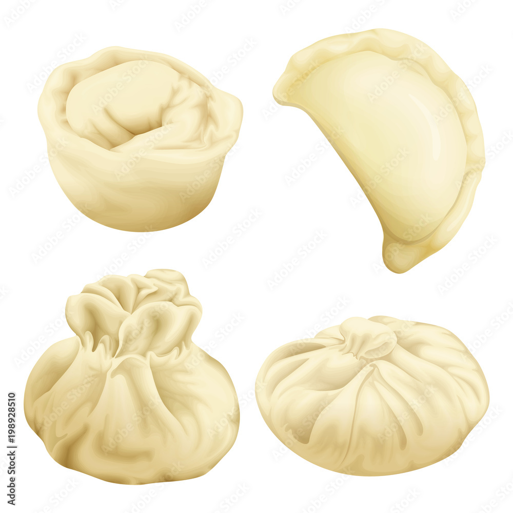 矢量逼真饺子套装。Vareniki pierogi khinkali小龙包包子momo饺子。填充