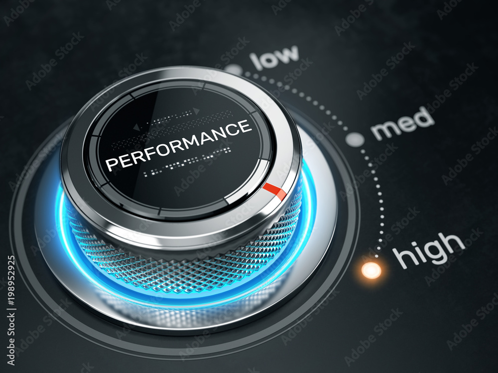 High Performance concept - Performance level control button on high position. 3d rendering