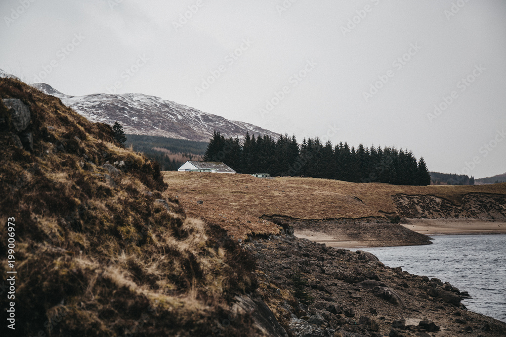 View of Scottish Highlands and River Spean near Fort William, Scotland, on a cold  spring day.