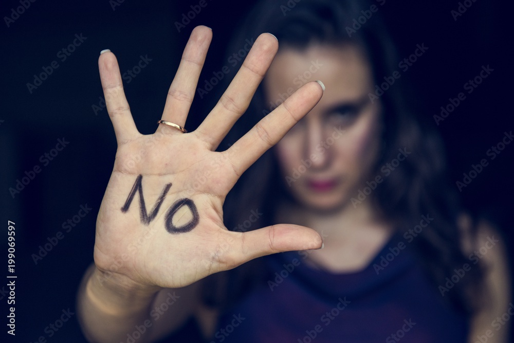 Closeup of woman hand written with no word on palm