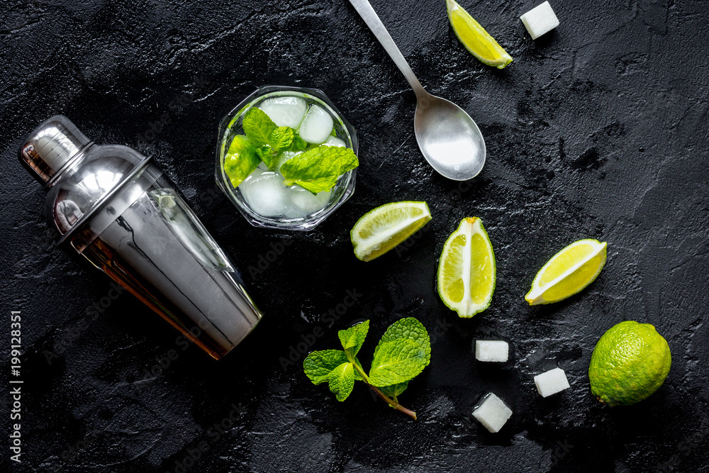 making mojito on dark background top view