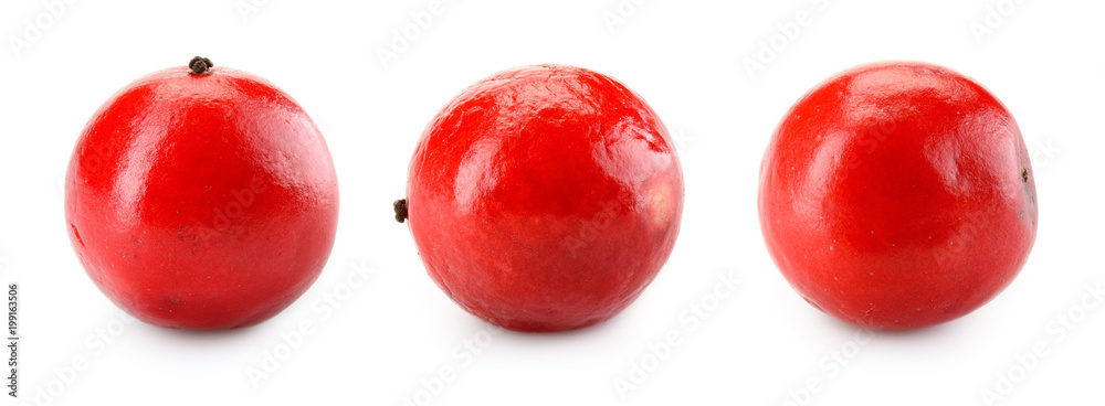 Red pepper isolated on white. Red Peppercorn. Pink peppercorns. Macro. Top view. Full depth of field