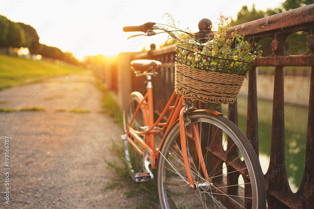 Beautiful bicycle with flowers in a basket stands on the street