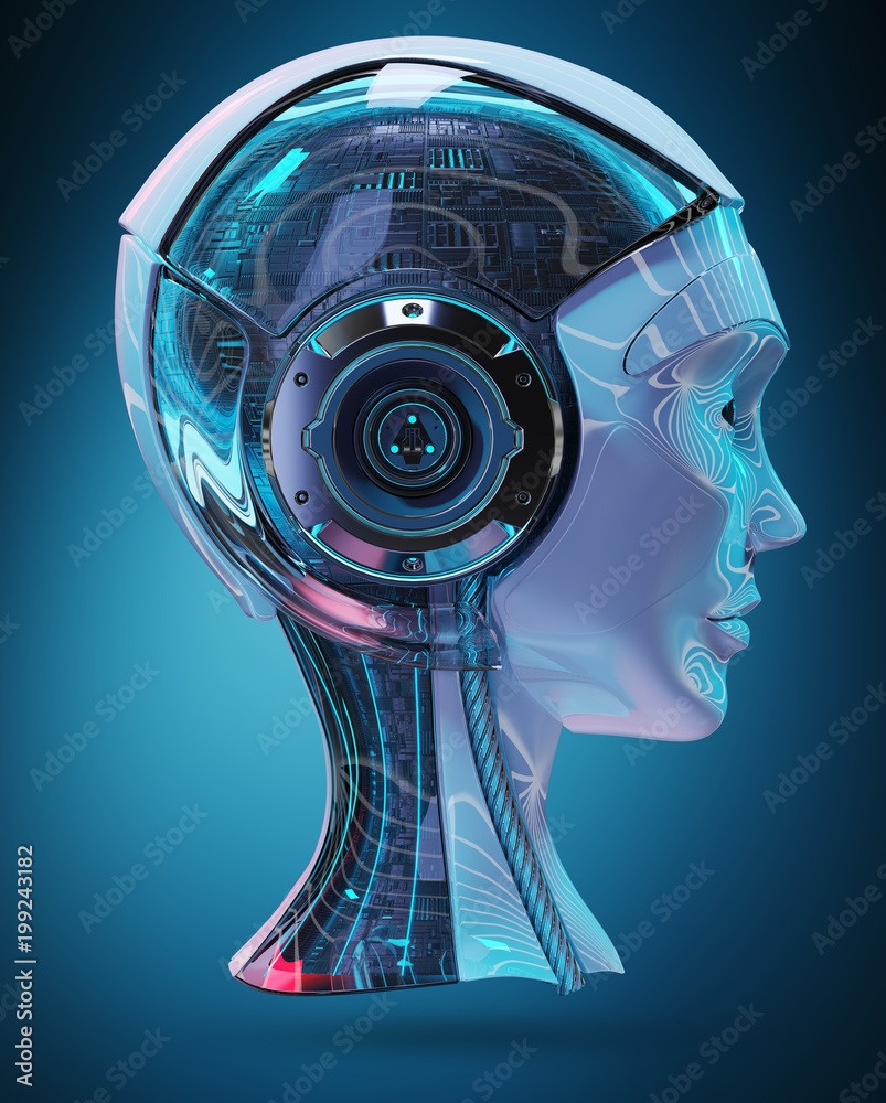 Cyborg head artificial intelligence 3D rendering