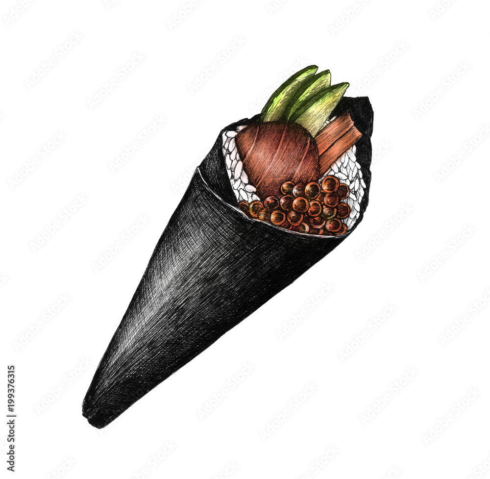 Hand drawn temaki cone-shaped sushi