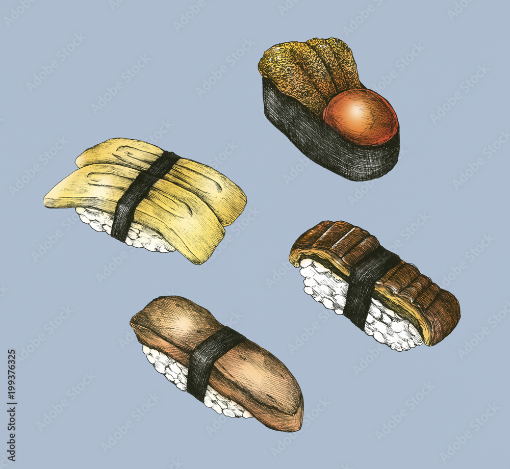 Hand drawn sushi set Japanese food