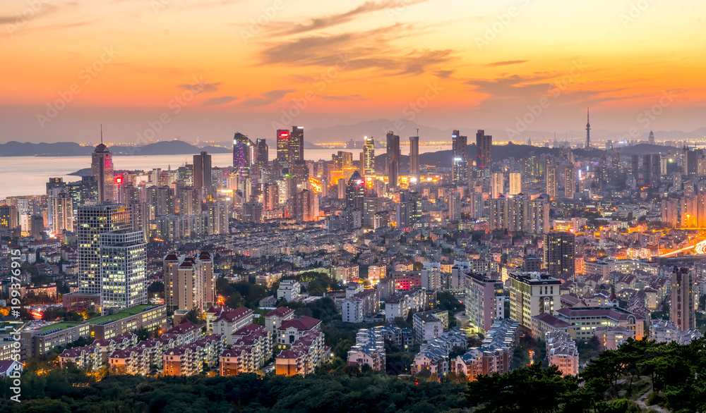 A birds eye view of the beautiful city scene of the coastal city of Qingdao