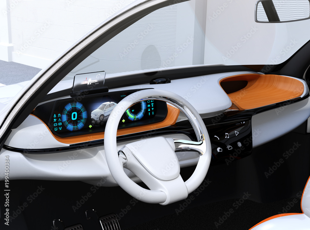 Closeup view of digital speedometer with HUD on wooden tray. Electric cars dashboard concept. 3D re