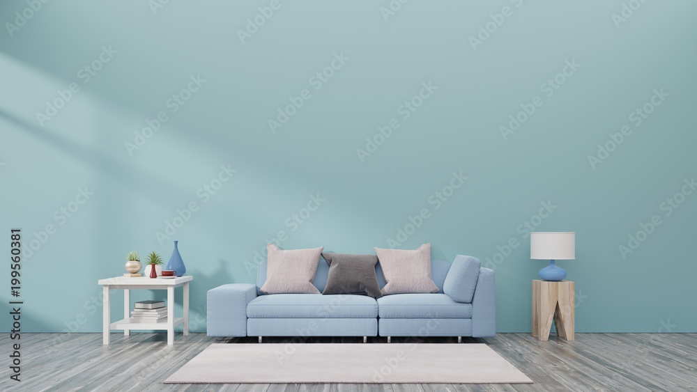 Living room with sofa, small shelf and plants have back blue wall background , 3D rendering