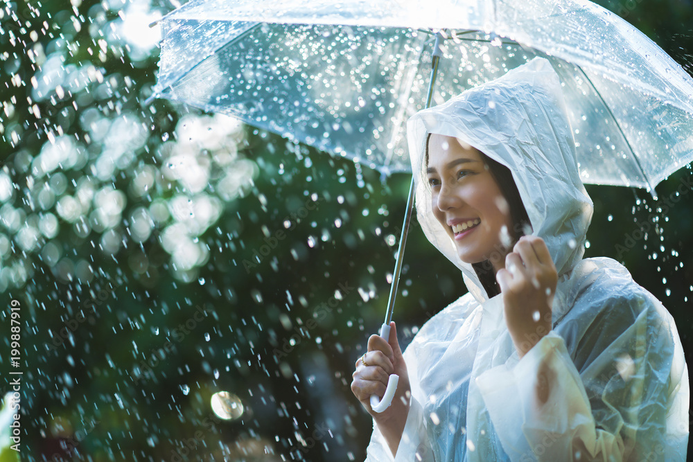 雨天，亚洲女人在户外穿着雨衣。她很开心。