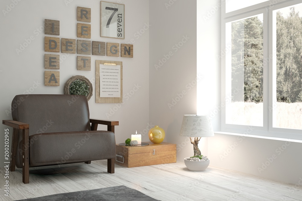 Inspiration of white minimalist room with armchair. Scandinavian interior design. 3D illustration